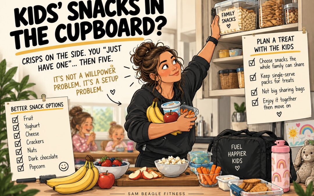 Illustration of a parent putting kids' snacks on a high shelf while holding fruit and yoghurt, titled Kids' Snacks in the Cupboard?