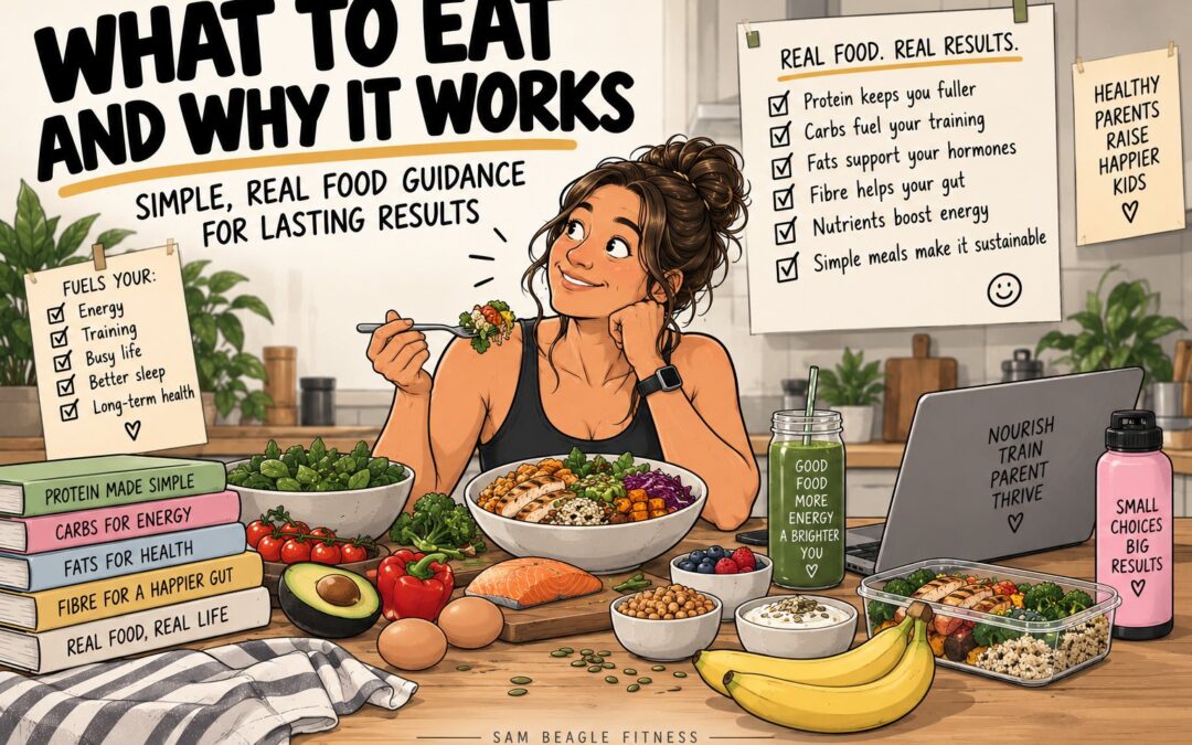 Illustration of a woman eating a protein bowl surrounded by whole foods, titled What to Eat and Why It Works